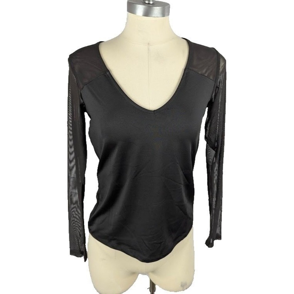 Bar III Plus 0X Juniors Deep Black V-Neck Mesh Top Sheer Long Sleeve Blouse